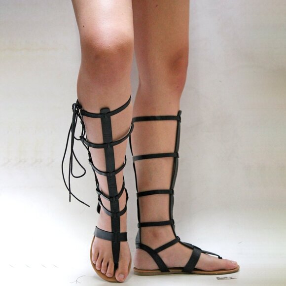 New Women Black Lace Up Thong Knee High Tall Gladiator Sandals - Picture 3 of 3